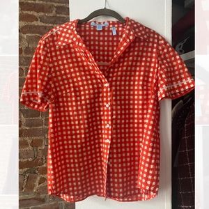 Draper James red gingham picnic short-sleeve blouse size med/large cotton/silk